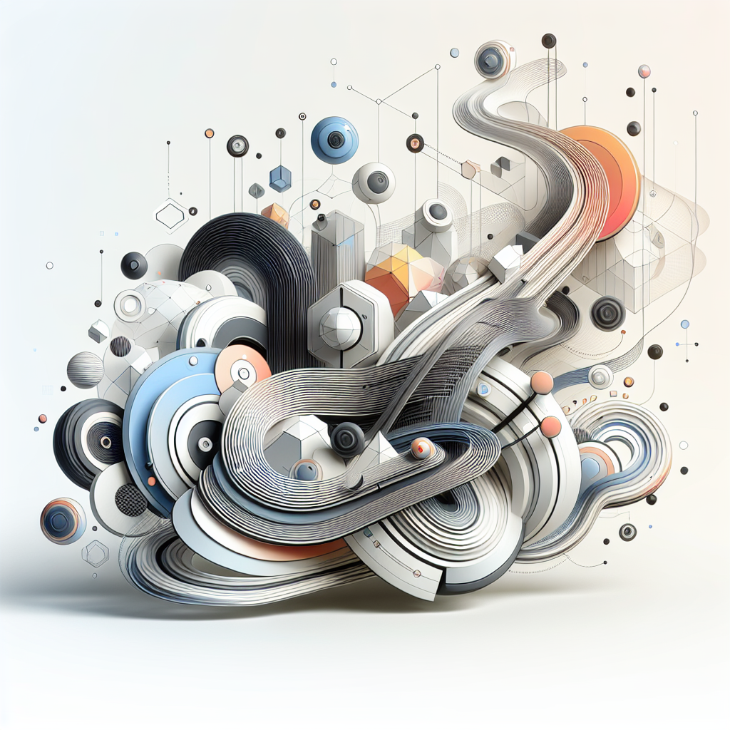 Abstrakte Komposition aus geschwungenen Linien, geometrischen Formen und verschiedenen Farben, darunter Blau, Orange und Schwarz, mit schwebenden Elementen wie Kreisen und Hexagonen auf einem hellen Hintergrund.