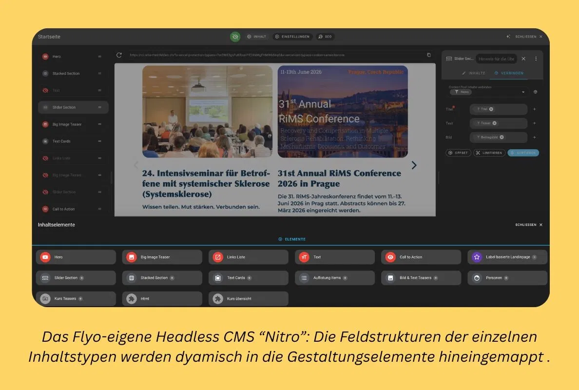 Laptop-Bildschirm mit CMS-Interface: Inhaltsbereiche, mehrere Karten mit Text und Konferenzbildern, Bearbeitungsleisten sowie Button-Leisten und Statusanzeige.
