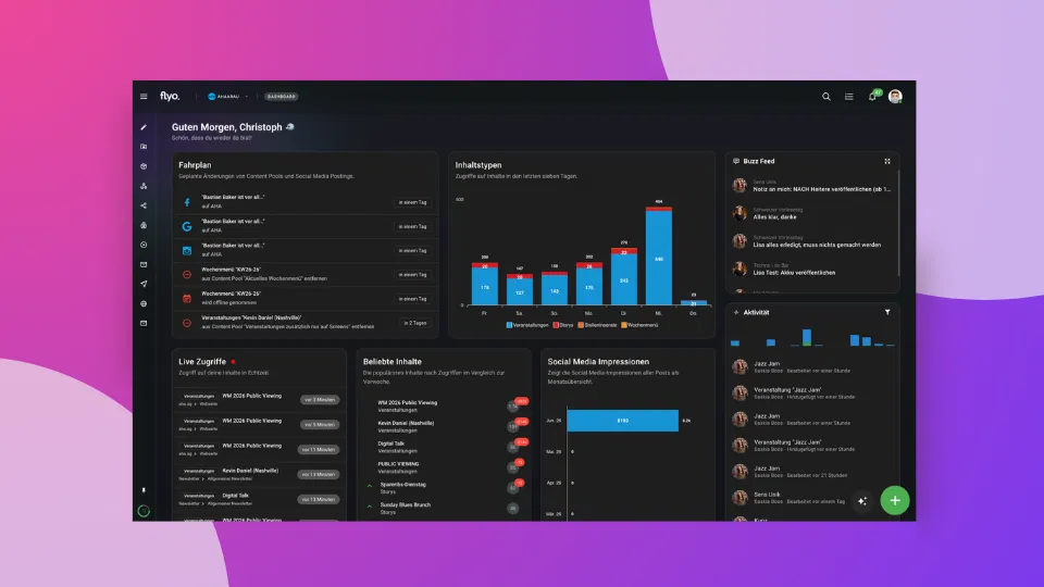 Dunkles Social-Media-Dashboard mit Balkendiagramm, Inhaltslisten, Buzz-Feed und Aktivitätsübersicht vor pink-violettem Hintergrund.