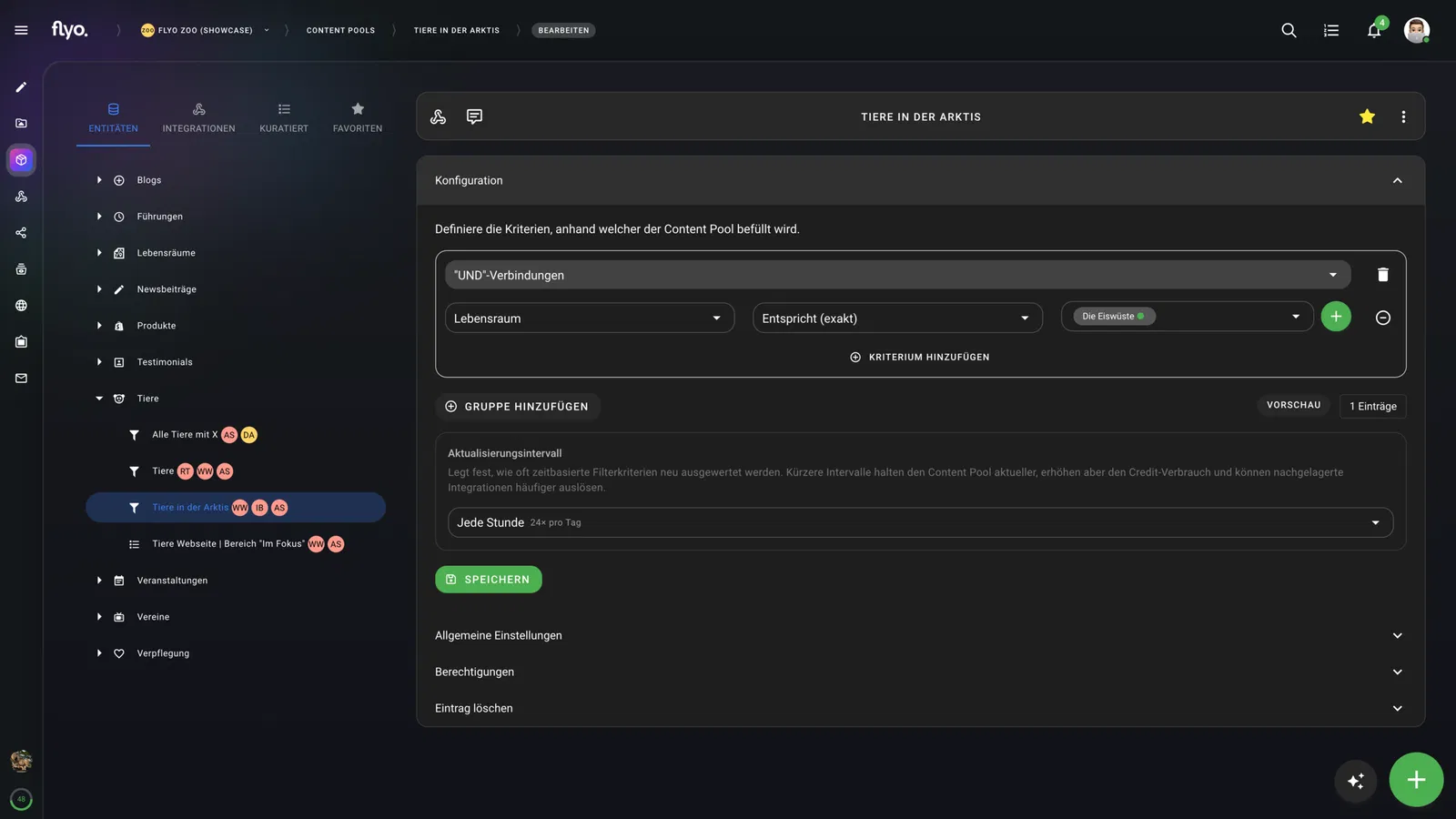 Screenshot einer Softwareoberfläche mit Menüleiste und Konfigurationsdialog „Tiere in der ARTSK“, Auswahlfeldern für Lebensraum und Kriterien sowie Optionen zum Hinzufügen und Speichern.