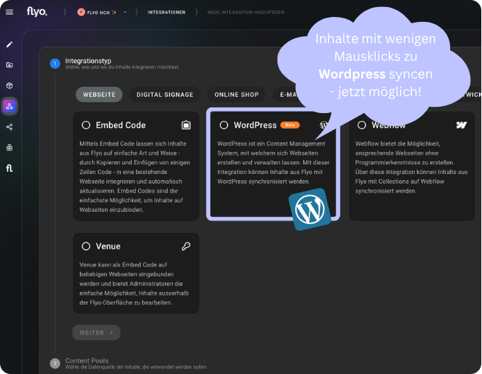 Screenshot der Flyo-Integrationsoberfläche mit Karten zu „Embed Code“, „WordPress (Beta)“, „Venue“ und einem Hinweisballon „Inhalte mit wenigen Mausklicks zu WordPress syncen – jetzt möglich“.