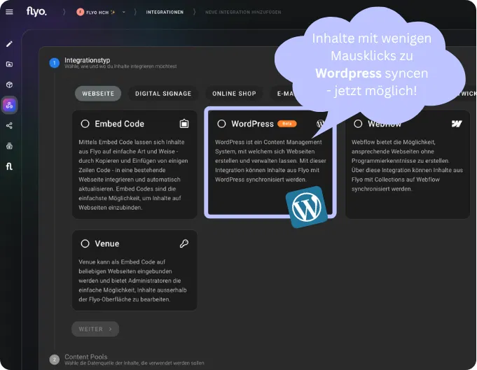 Screenshot der Flyo-Integrationsoberfläche mit Karten zu „Embed Code“, „WordPress (Beta)“, „Venue“ und einem Hinweisballon „Inhalte mit wenigen Mausklicks zu WordPress syncen – jetzt möglich“.