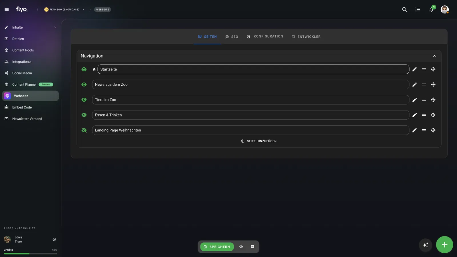 Webseiten-Editor mit Navigationsbereich, Feldern für Menüpunkte wie „News aus dem Zoo“, „Tiere im Zoo“ und „Essen & Trinken“ sowie Buttons wie „Speichern“ auf dunklem Interface.