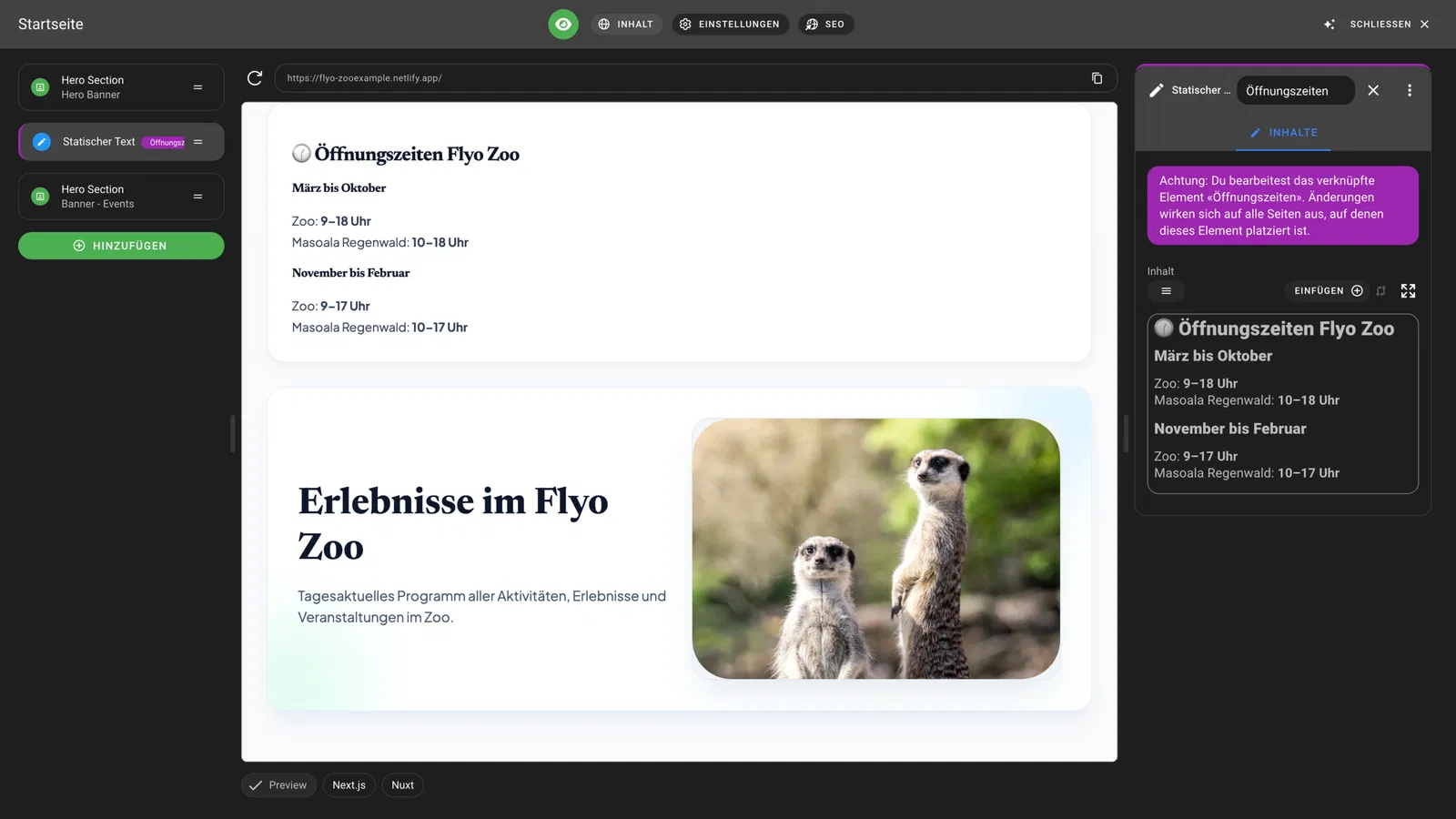 Webseiten-Editor mit Vorschau „Öffnungszeiten Fylo Zoo“, Textfeldern zu Öffnungszeiten und Abschnitt „Erlebnisse im Fylo Zoo“ mit Bild von Erdmännchen. Sidebar rechts mit Einstellungen und Liste der Inhalte.