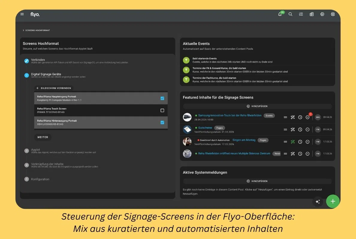 Screenshot einer Flyo-Website mit dunklem Dashboard: Menü links, Bereich „Aktuelle Events“ und „Featured Inhalte“, Listen mit Status-Icons sowie Schaltflächen und Such-/Kontrollleiste oben.
