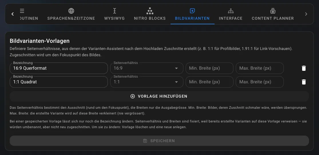 Organisationsweite Presets für einheitliche Zuschnitte.