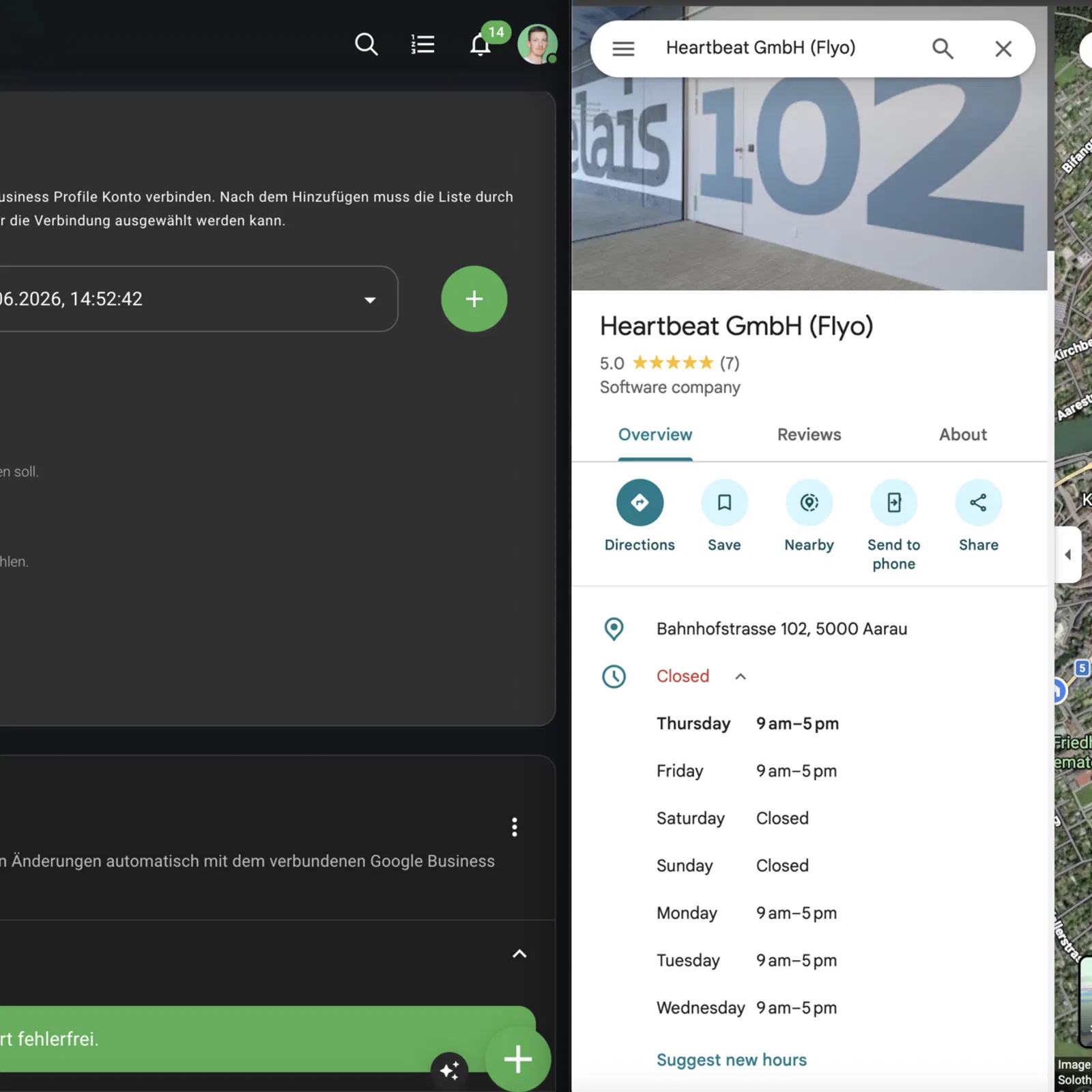Screenshot-Dashboard mit Google- und Standort-Ansicht: Business-Profil-Verbindung, Öffnungszeiten, Kartenansicht von Aarau sowie Marker und Details zu „Heartbeat GmbH (Fylo)“.