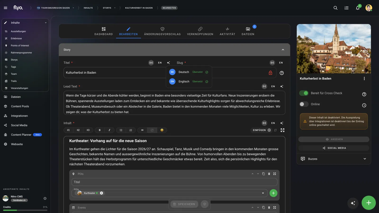 Screenshot eines Content-Management-Systems zur Bearbeitung eines deutsch-englischen Beitrags über das Kulturherbst-Festival in Baden, mit Textfeldern, Veranstaltungsdaten und Vorschaubild.