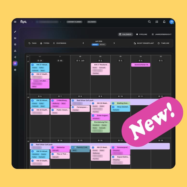 Kalender-Planungsoberfläche mit Wochenansicht und farbigen Notizkarten, „Teyvin“-Sticker im Vordergrund, dunkles UI mit Such- und Navigationsleiste.