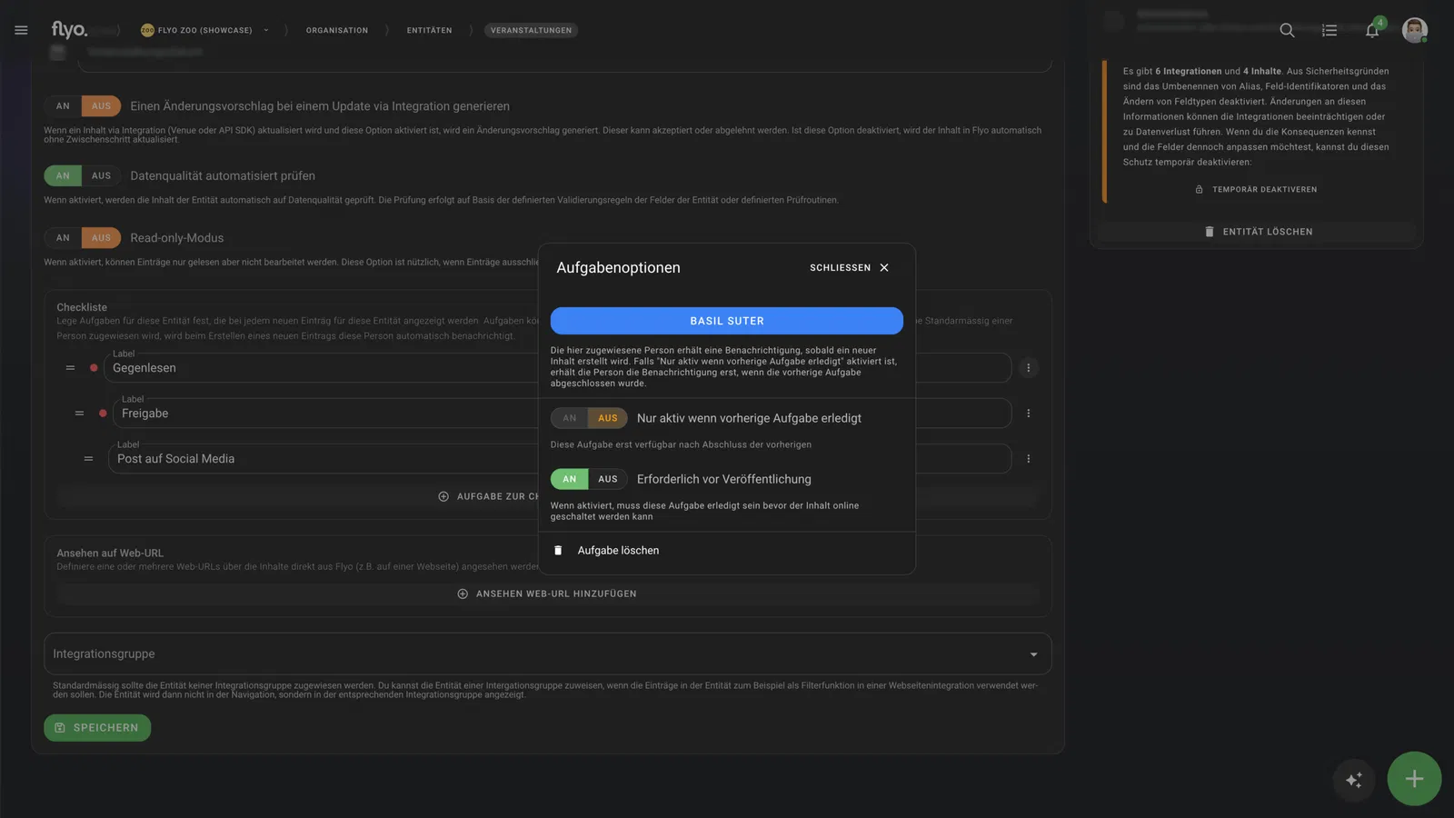 UI-Ansicht mit Suchleiste und mehreren Textfeldern; Dialog „Aufgabenoptionen“ im Zentrum mit Dropdown/Schaltflächen wie „Aufgabe löschen“ und „Speichern“. Dunkles Design, mehrere Panels im Hintergrund.