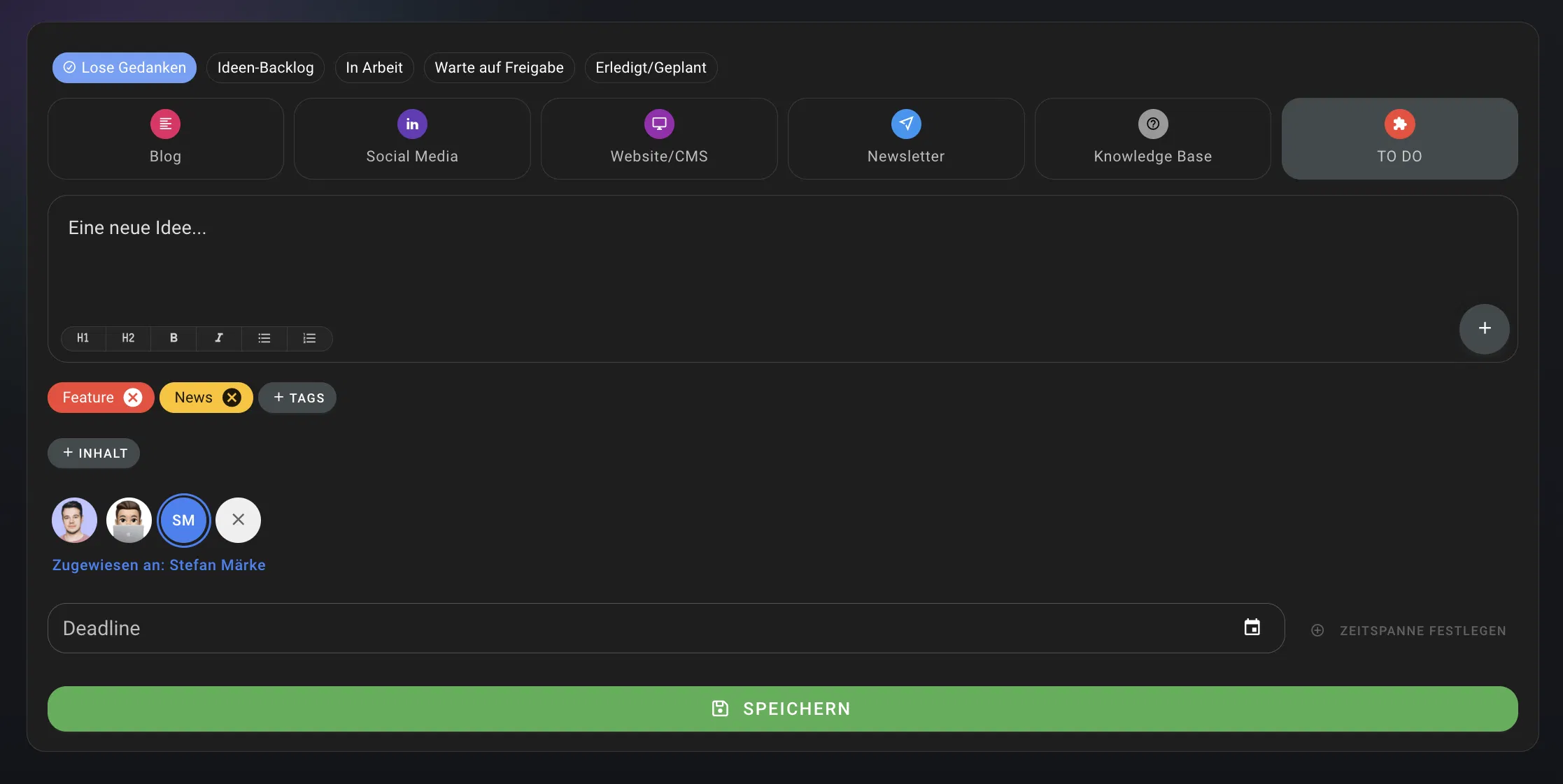 Screenshot eines Web-Editors mit Navigationsleiste, Eingabefeld „Eine neue Idee…“, Feature/News-Tags, Personen-Avataren, Deadline-Zeitleiste und grünem „Speichern“-Button.