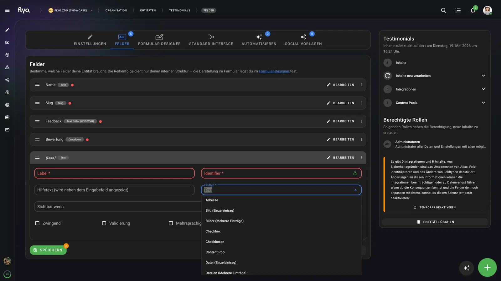 Screenshot einer Web-App mit Formular-Editor: Felder-Liste und Eingabemasken (Label, Identifer, Validierung, Sichtbar wenn), rechts Panel „Testimonials“ mit Optionen und Berechtigungen.