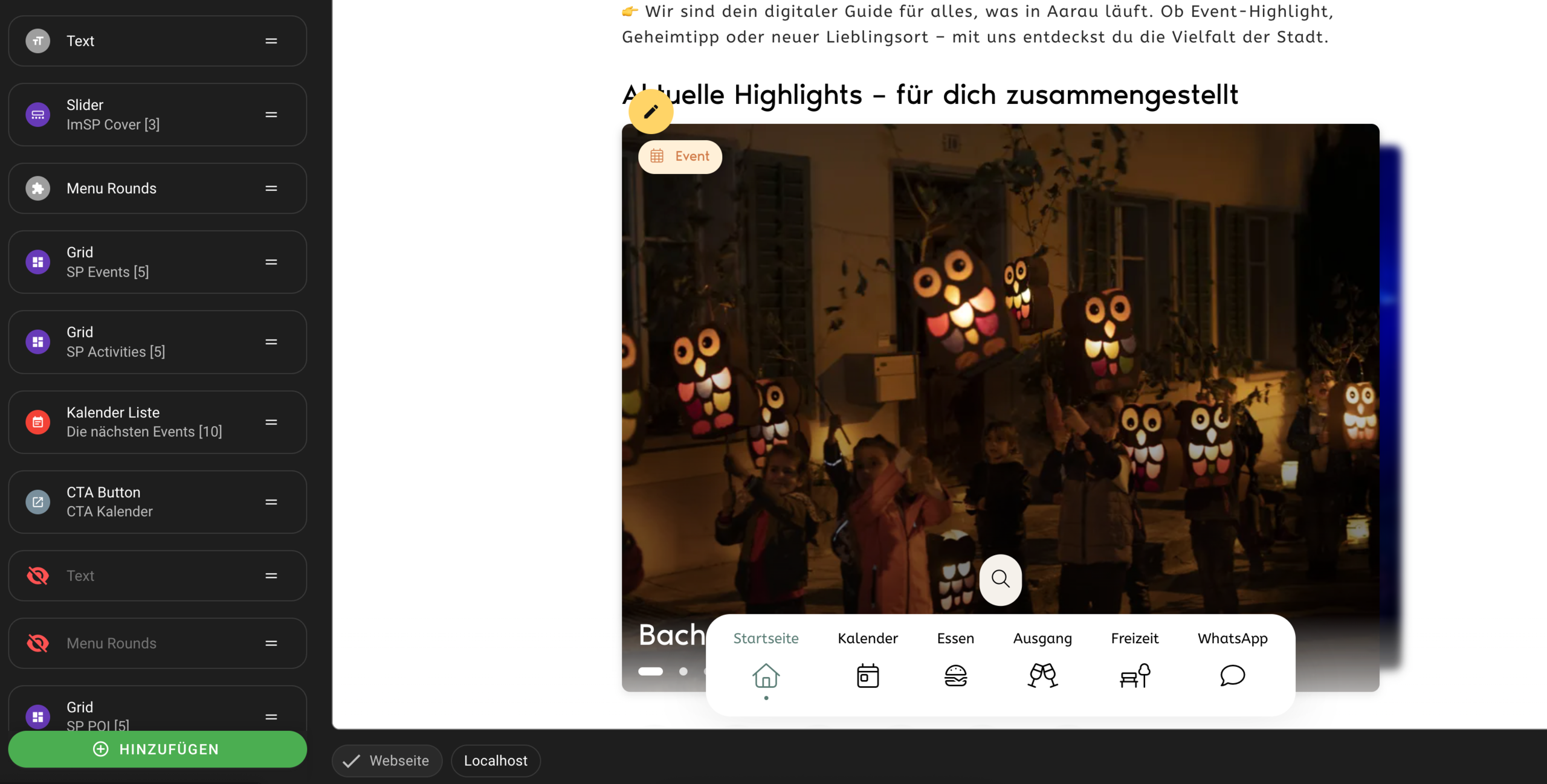 Beim Überfahren eines editierbaren Elements mit der Maus erscheint ein gelber Edit-Button.