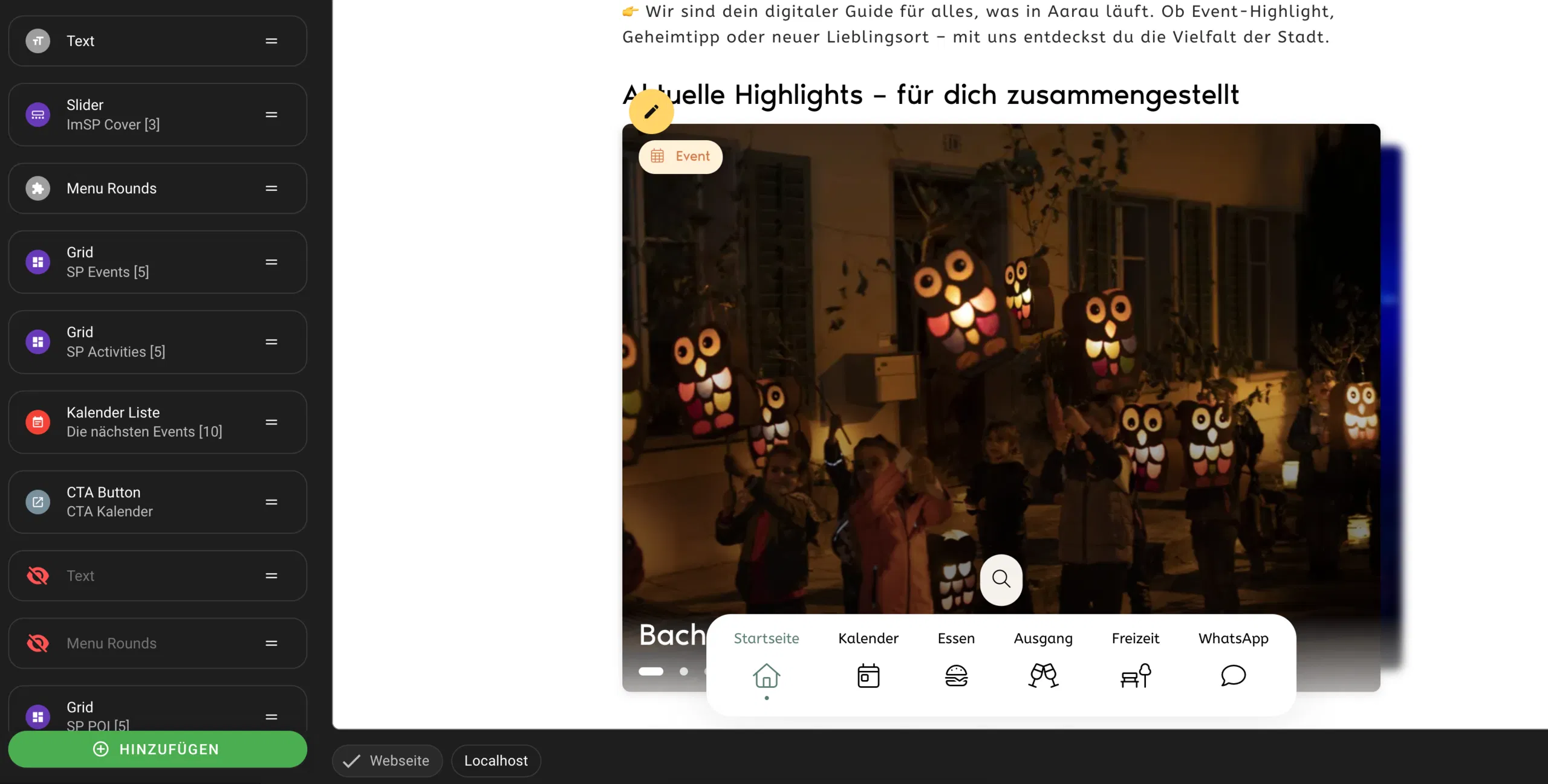 Beim Überfahren eines editierbaren Elements mit der Maus erscheint ein gelber Edit-Button.