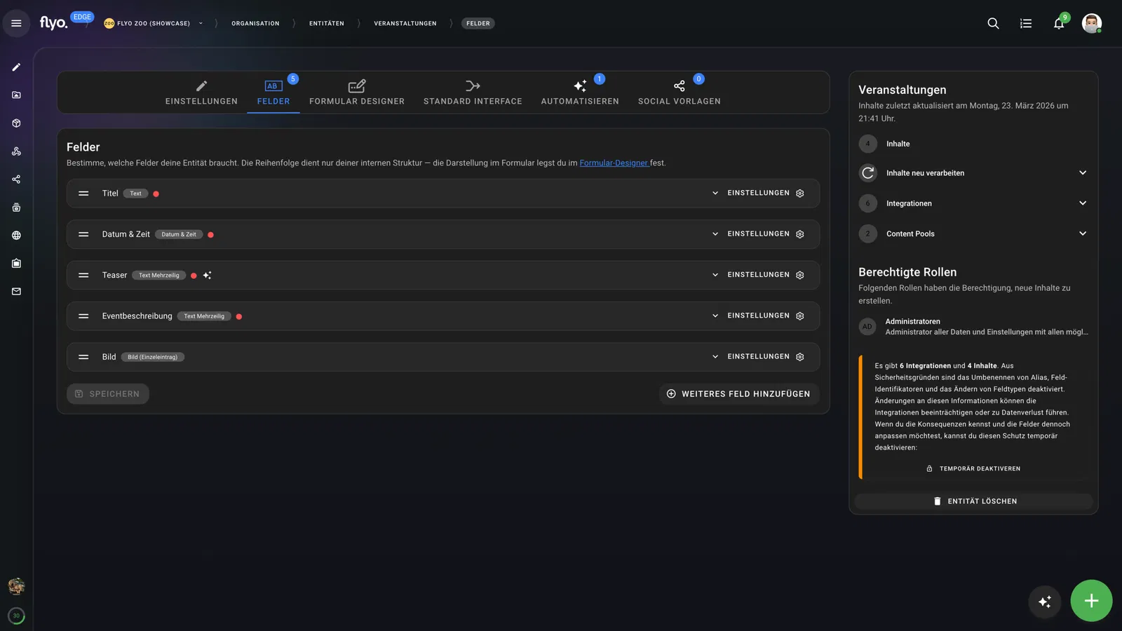Screenshot eines Formular-Editors: Einstellungsbereich „Felder“ mit Optionen (Titel, Datum & Zeit, Teaser, Eventbeschreibung, Sprache) sowie rechts „Veranstaltungen“ und Rollen-/Berechtigungs-Dialog.