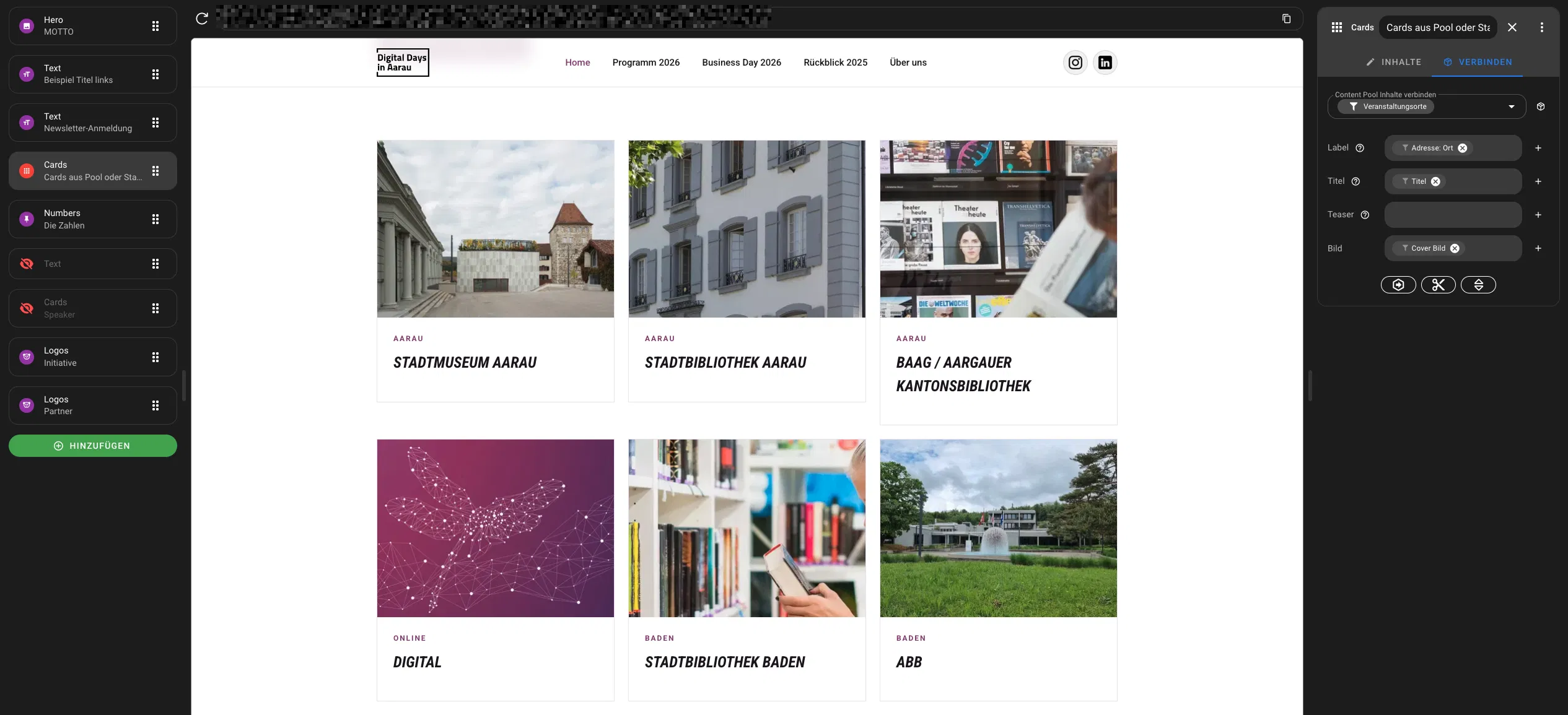 Der Website-Editor des Headless CMS: kombiniert flexible Layoutblöcke und den strukturierten Daten aus dem Content Hub