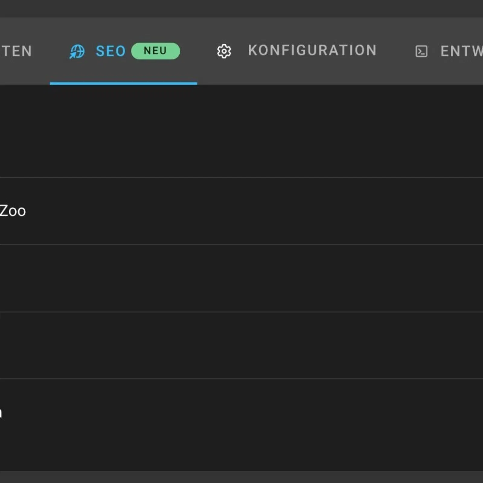 Menüansicht einer Website mit Abschnitten „Startseite“, „News aus dem Zoo“, „Tiere im Zoo“, „Events im Zoo“ und „Essen & Trinken“, je mit Prozentanzeige und Dropdown-Pfeilen.