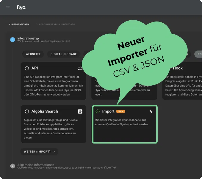 Übersichtsseite mit grüner Sprechblase „Neuer Importer für CSV & JSON“, mehreren Infokarten zu Integrationen (API, Algolia Search, Import Beta) und Navigationselementen.