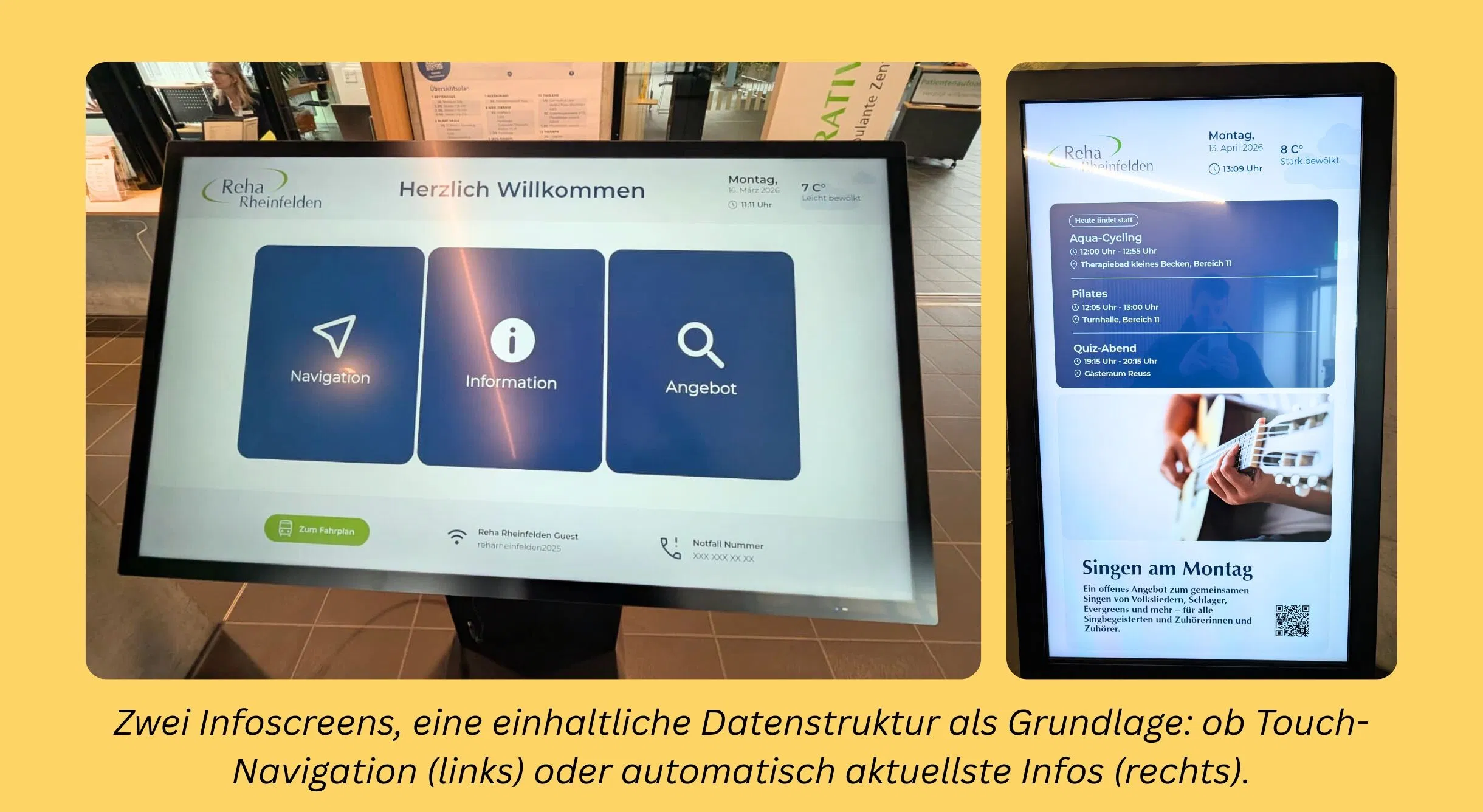 Zwei nebeneinander auf einem Tisch montierte Infodisplays: links ein Willkommensmenü mit drei Kacheln (Navigation, Information, Angebot), rechts ein digitales Infoplakat mit Text und QR-Code.