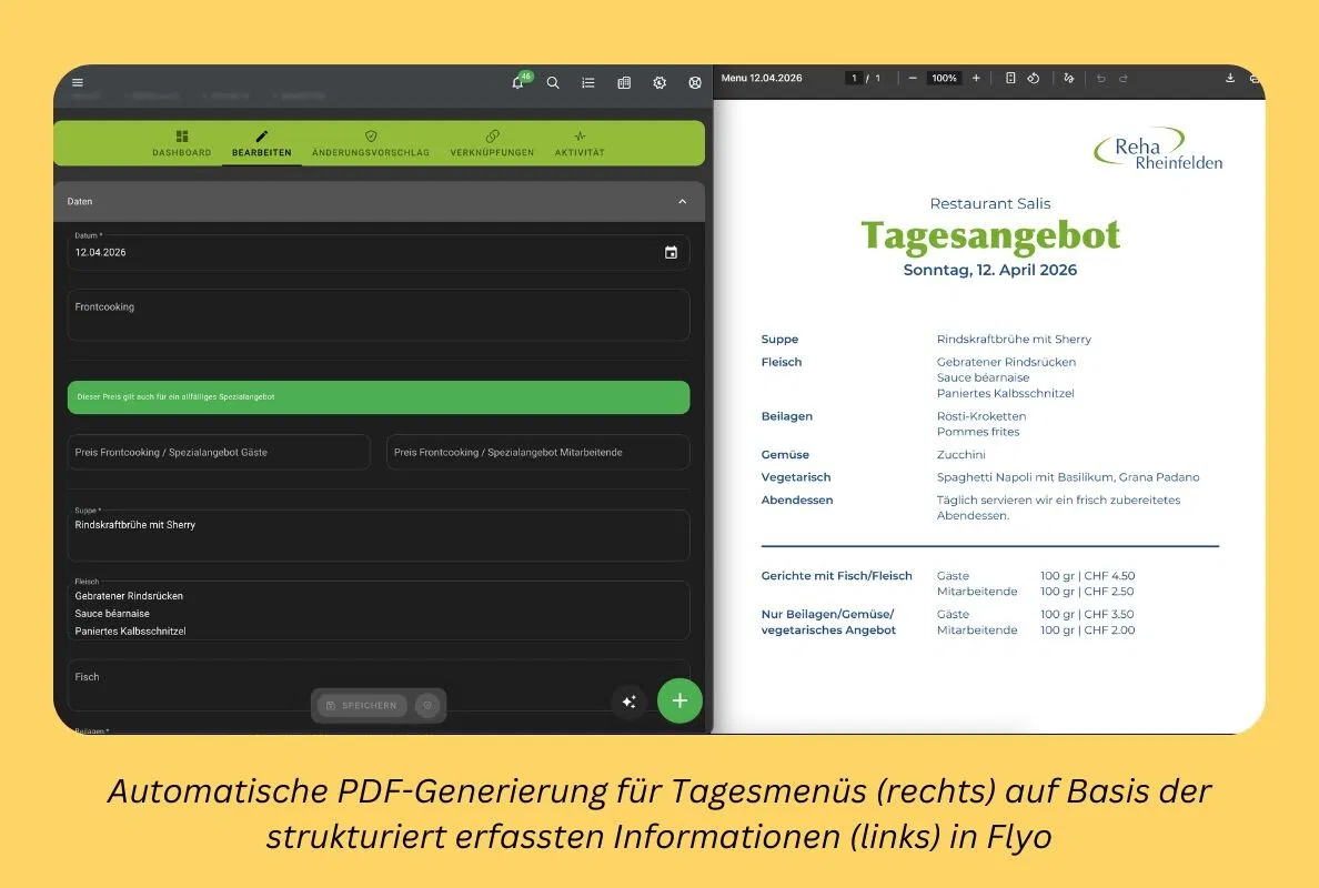 Screenshot: links eine dunkle Admin-Ansicht in grün, rechts ein „Tagesangebot“ für Restaurant Sali mit Liste von Speisen und Preisen.