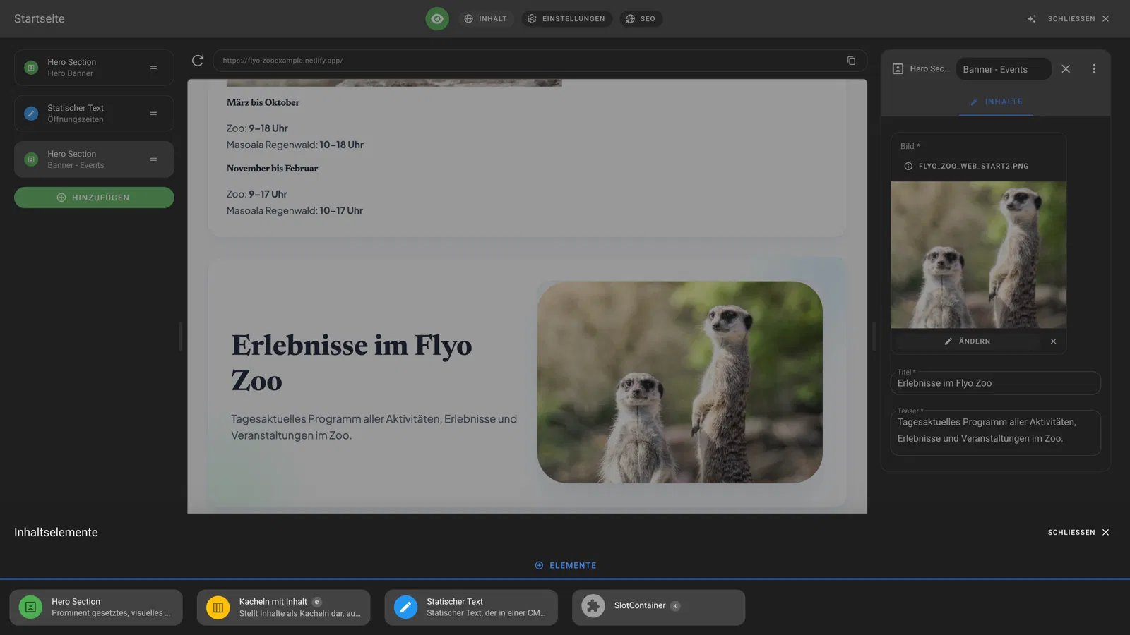 Screenshot einer Web-App mit Textbereich „Erlebnisse im Flyo Zoo“ und Bild von Erdmännchen im Zoo, eingebettet in einen grauen Content-Bereich, umgeben von Seitenleisten und Einstellungen.