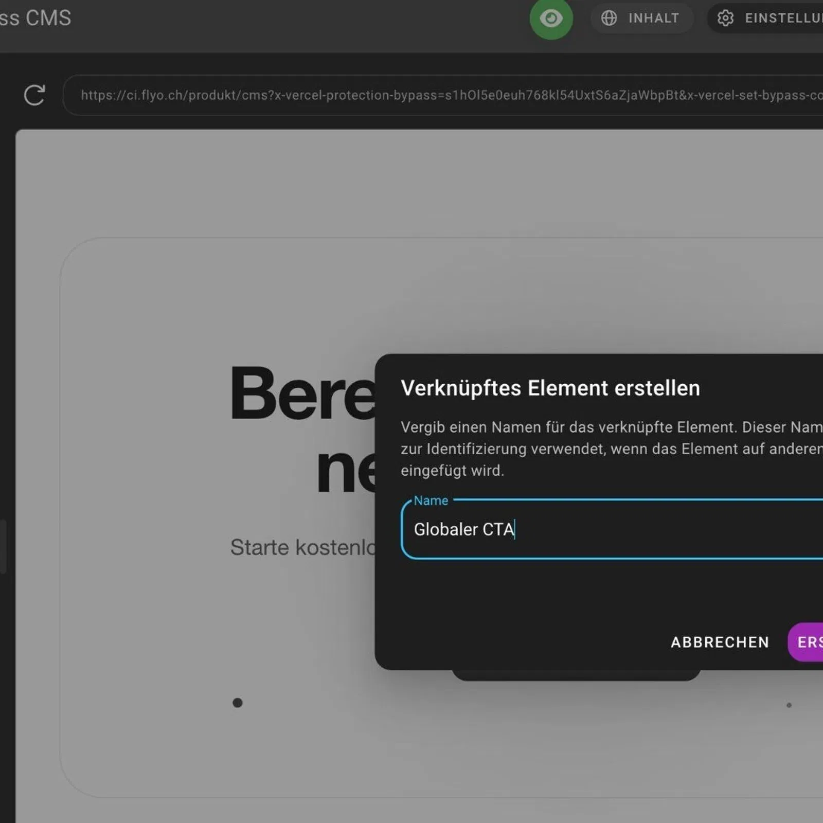 Weboberfläche mit Dialogfenster „Verknüpftes Element erstellen“; Eingabefeld „Name“ mit Wert „Globaler CTA“, Schaltflächen „ABBRECHEN“ und „ERSTELLEN“ im dunklen UI-Stil.