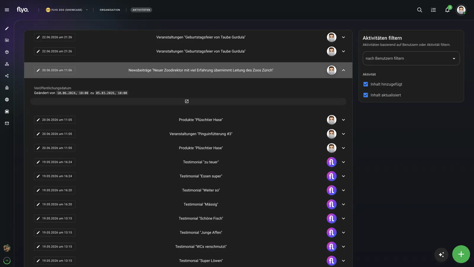 Screenshot einer Webanwendung: Liste von Aktivitäten/Veranstaltungen mit Titeln und Zeitstempeln, rechts Filterbereich „Aktivitäten filtern“ sowie Nutzericons, dunkles UI-Design.