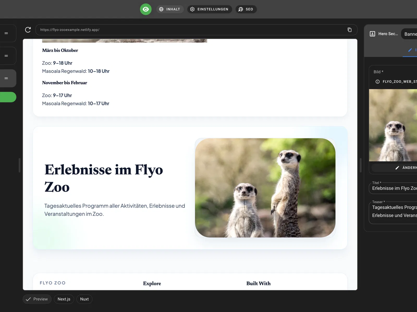 Screenshot einer Weboberfläche mit Text „Erlebnisse im Flyo Zoo“ und zwei Erdmännchen-Bildern in einer Vorschau, daneben Seitenleiste mit Inhalten und Einstellungen.