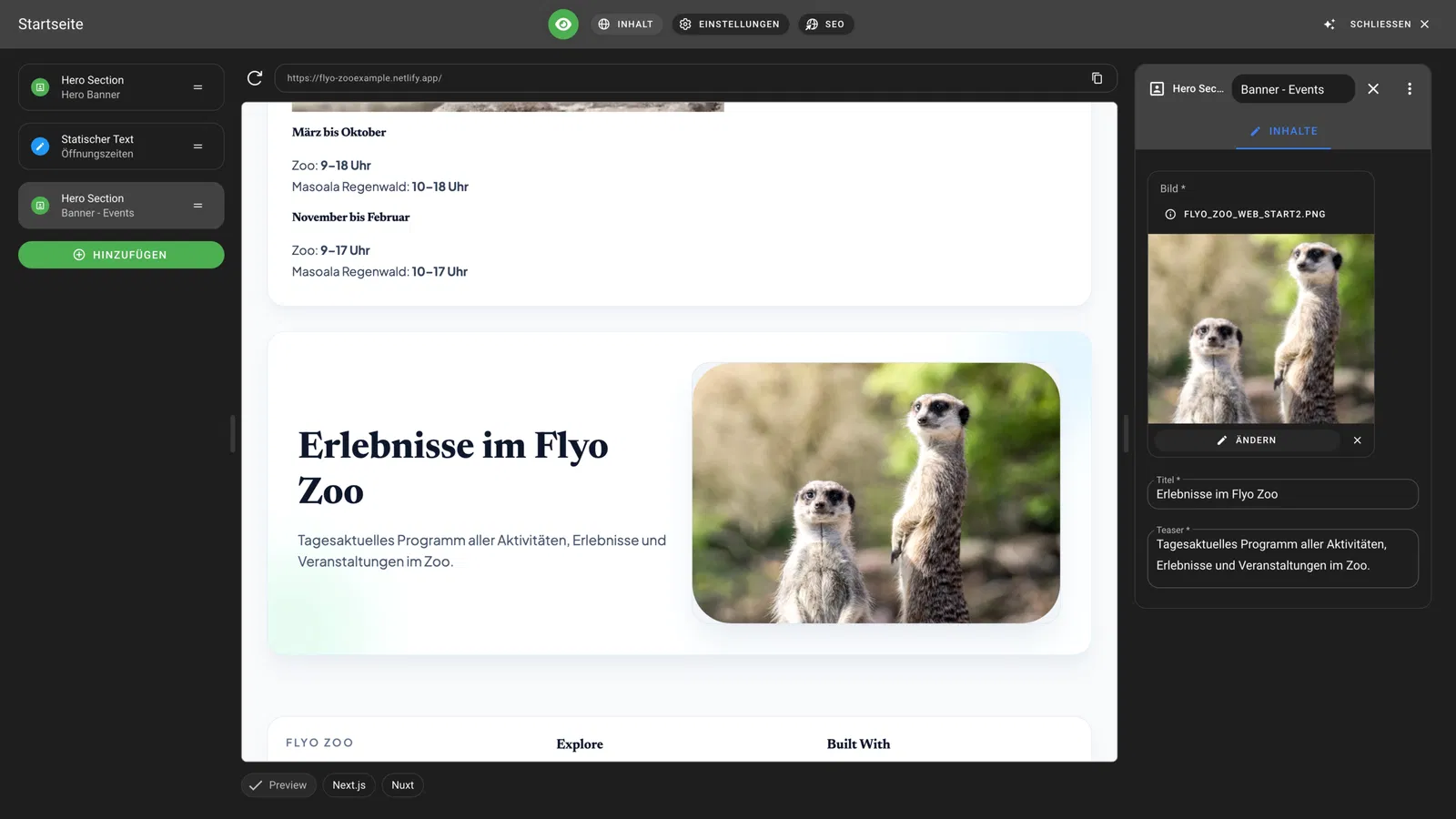 Screenshot einer Weboberfläche mit Text „Erlebnisse im Flyo Zoo“ und zwei Erdmännchen-Bildern in einer Vorschau, daneben Seitenleiste mit Inhalten und Einstellungen.
