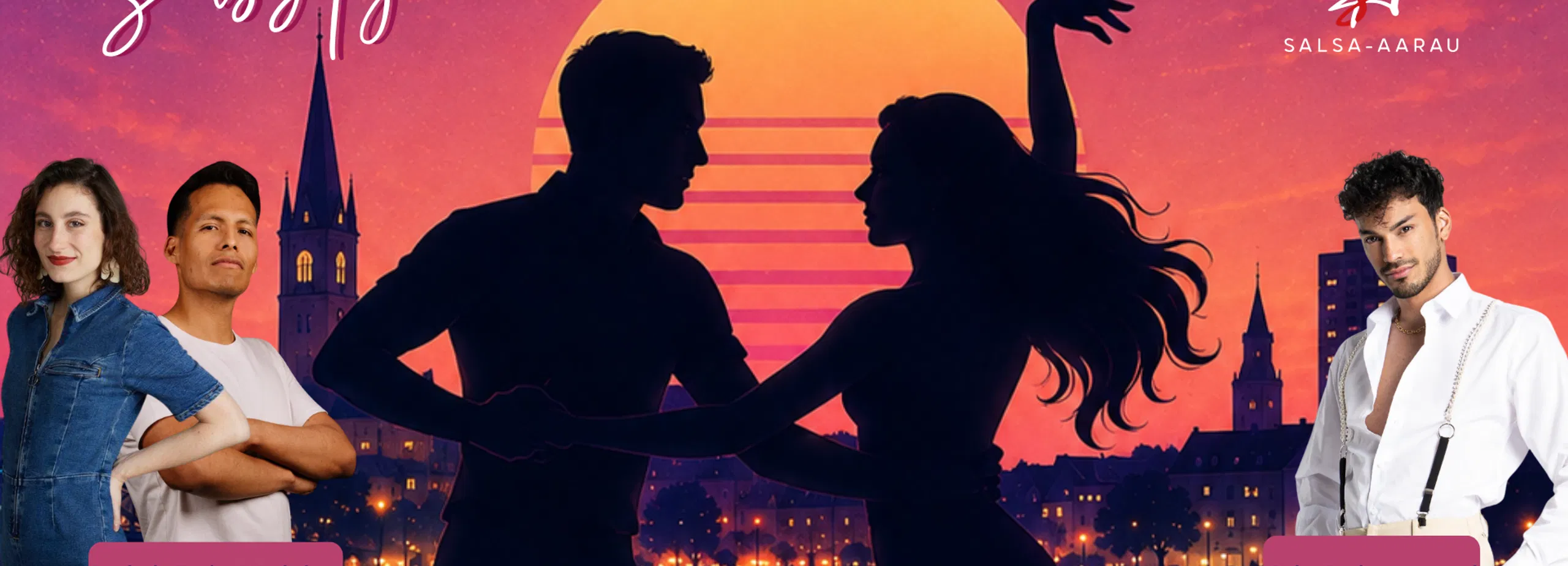 Werbegrafik für Salsa Aarau mit tanzendem Paar vor Sonnenuntergang und Stadtpanorama, flankiert von vier Personen; Hinweise auf Bachata- und Salsa-Workshops.