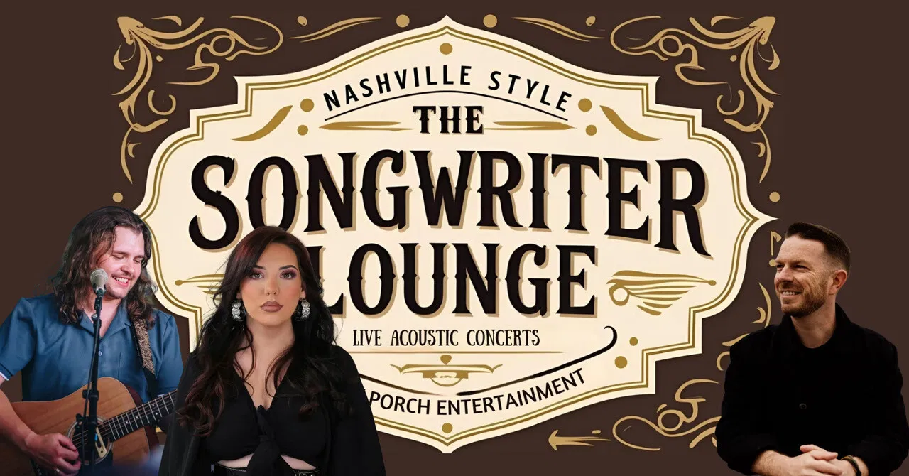 Werbeplakat für „The Songwriter Lounge“ im Nashville-Stil mit drei Musiker:innen, Akustikkonzerten und dekorativen goldenen Ornamenten.