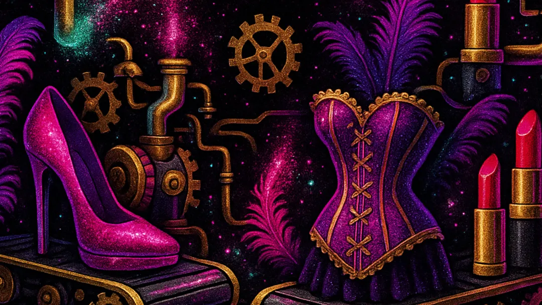 Pink High Heel, lila Korsett mit goldenen Details, rote Lippenstifte, Zahnräder und Rohre auf einem dunklen, glitzernden Hintergrund.