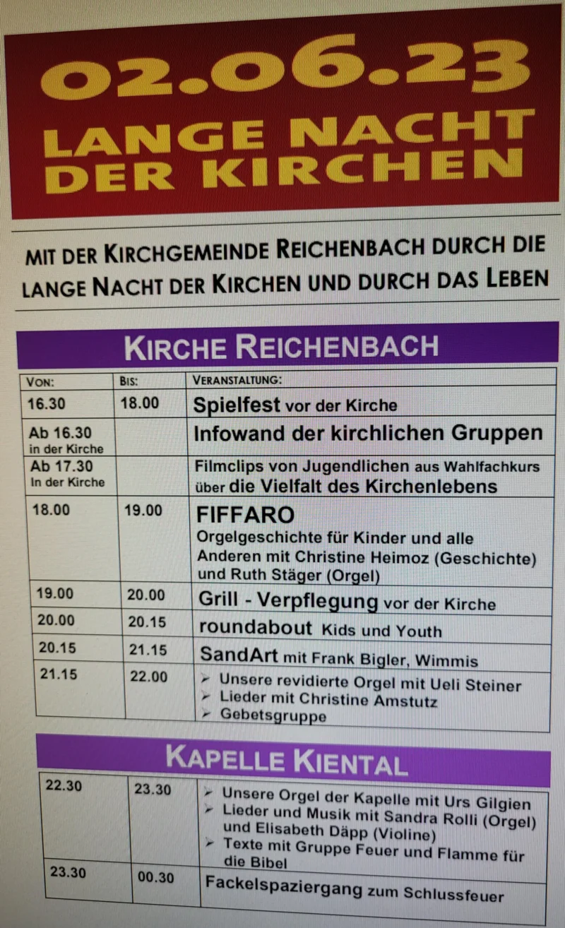 Lebendiger Abend für Gross und Klein in der Kirche Reichenbach und der Kapelle Kiental