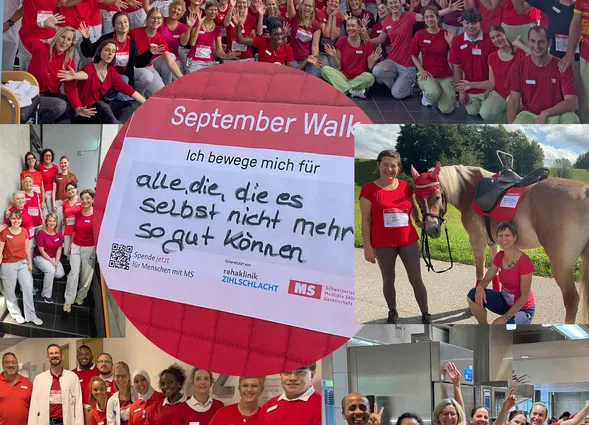 Collage mit zahlreichen Menschen in roten „September Walk“-Shirts, Gruppenfotos, Pferd und zentralem Spendenhinweis zugunsten von Menschen mit MS.