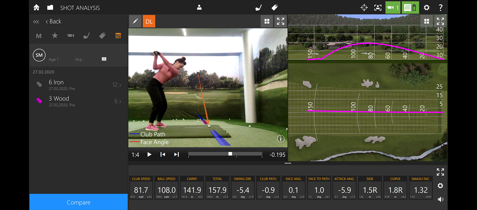 Eine Golferin führt einen Schwung mit einem Schläger aus, während auf der linken Seite eine Analyse mit Daten wie Schlägergeschwindigkeit, Ballgeschwindigkeit und Schlagwinkel angezeigt wird. Rechts ist eine grafische Darstellung des Abschlags mit Dist...