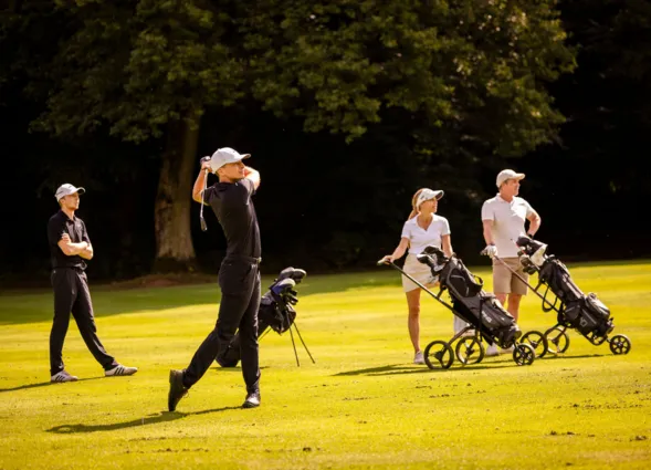 Vier Personen auf einem Golfplatz: ein Spieler trägt einen Schläger, zwei gehen mit Golfbags, zwei schieben Kinderwagen mit Golfbags über das Grün bei Abendlicht.