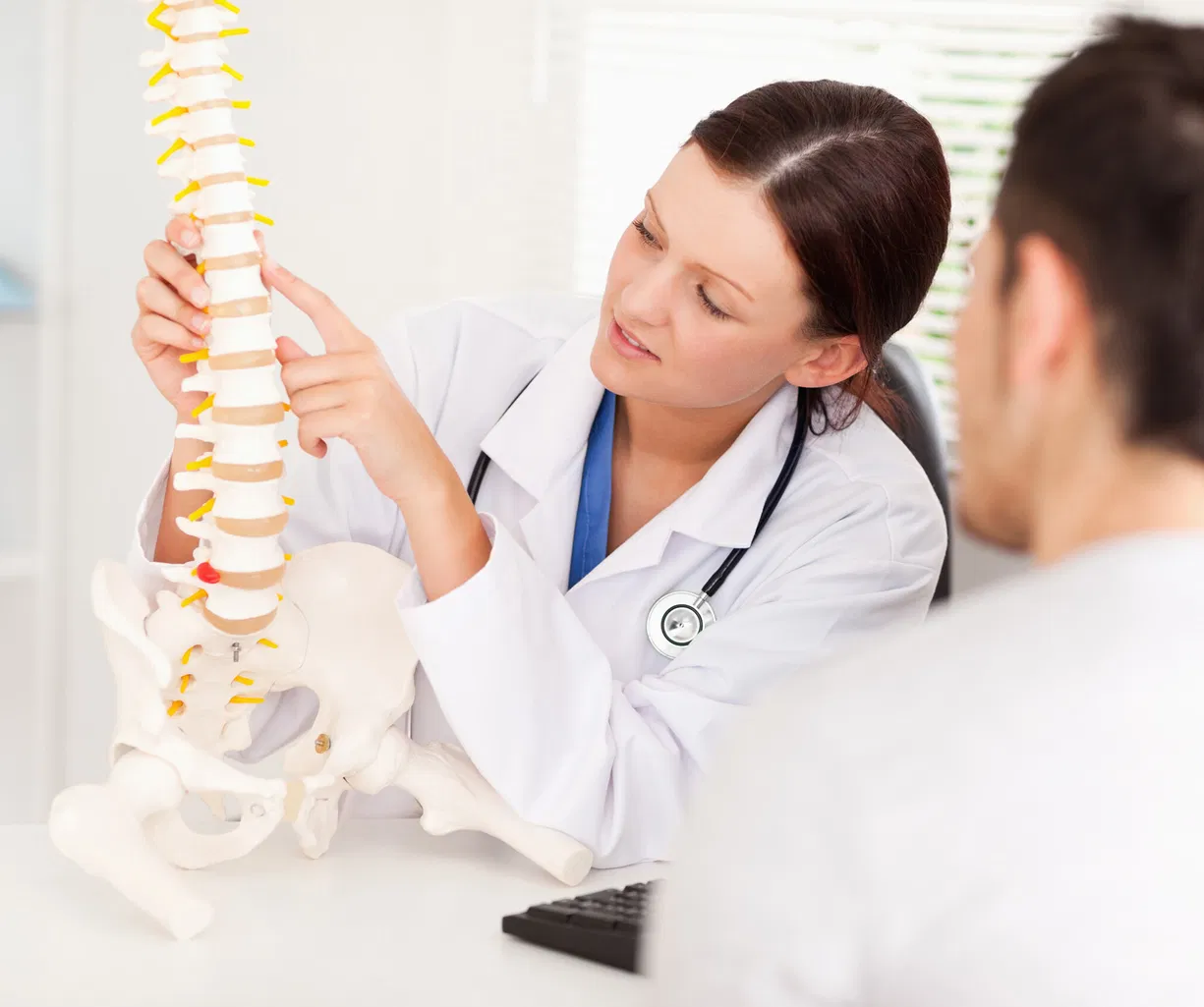 Ärztin erklärt einem Patienten anhand eines Wirbelsäulen- und Beckenmodells die Anatomie.