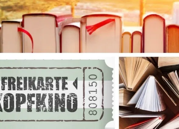Collage mit bunten Buchrücken, einer Eintrittskarte zur Frankfurter Buchmesse und aufgeschlagenen Büchern.