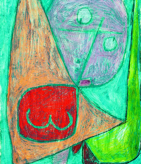 Abstrakte Darstellung mit geometrischen Formen in kräftigen Farben, darunter ein orangefarbener, dreieckiger Bereich mit rotem Element, sowie ein lila und grüner Bereich, die Gesichter oder Figuren andeuten. Der Hintergrund ist in verschiedenen Grüntön...