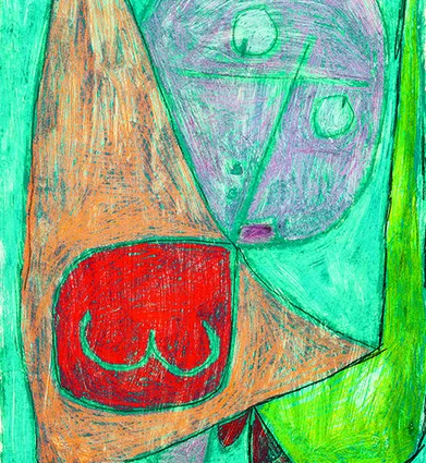 Abstrakte Darstellung mit geometrischen Formen in kräftigen Farben, darunter ein orangefarbener, dreieckiger Bereich mit rotem Element, sowie ein lila und grüner Bereich, die Gesichter oder Figuren andeuten. Der Hintergrund ist in verschiedenen Grüntön...