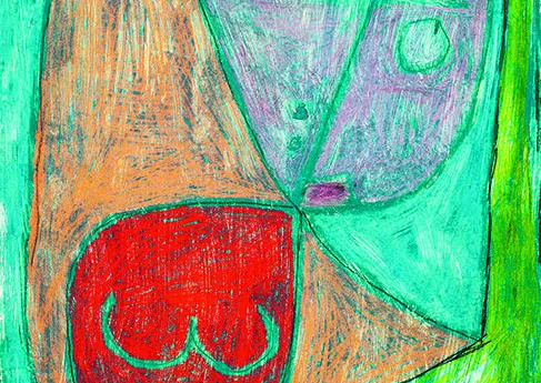 Abstrakte Darstellung mit geometrischen Formen in kräftigen Farben, darunter ein orangefarbener, dreieckiger Bereich mit rotem Element, sowie ein lila und grüner Bereich, die Gesichter oder Figuren andeuten. Der Hintergrund ist in verschiedenen Grüntön...