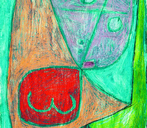 Abstrakte Darstellung mit geometrischen Formen in kräftigen Farben, darunter ein orangefarbener, dreieckiger Bereich mit rotem Element, sowie ein lila und grüner Bereich, die Gesichter oder Figuren andeuten. Der Hintergrund ist in verschiedenen Grüntön...