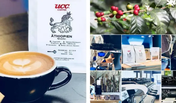 Schwarze Tasse mit Cappuccino, dekoriert mit einem Herzmuster, vor einer weißen Kaffeeverpackung mit der Aufschrift 