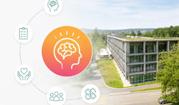 Modernes Bürogebäude an einer Straße, überlagert von einem farbigen Kopf-Gehirn-Symbol und kreisförmig angeordneten Gesundheits- und Betreuungssymbolen.