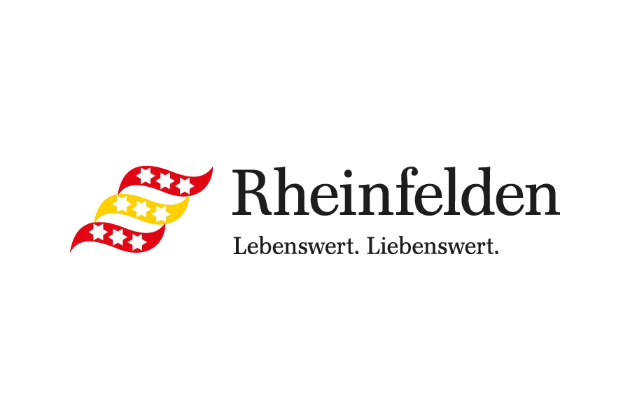 Rheinfelden-Logo mit geschwungenen roten und gelben Linien sowie fünf roten Sternen, begleitet von dem Schriftzug „Rheinfelden“ und dem Slogan „Lebenswert. Liebenswert.“