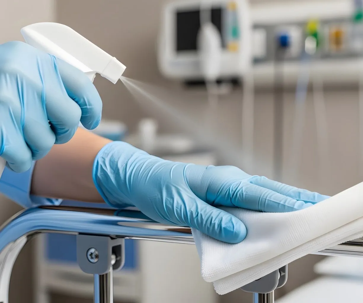 Händedesinfektion mit einem Sprühmittel auf einem Handtuch, während eine Person mit blauen Handschuhen eine Metalloberfläche reinigt. Im Hintergrund sind medizinische Geräte sichtbar.