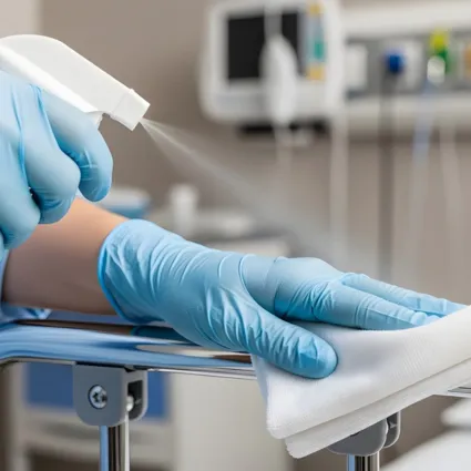 Händedesinfektion mit einem Sprühmittel auf einem Handtuch, während eine Person mit blauen Handschuhen eine Metalloberfläche reinigt. Im Hintergrund sind medizinische Geräte sichtbar.