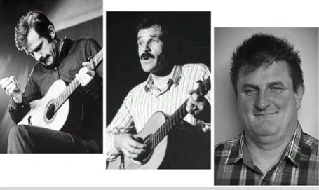 Dreiteilige Collage mit Schwarz-Weiß-Fotos zweier musizierender Männer mit Gitarren und einem Porträt eines lächelnden Mannes.