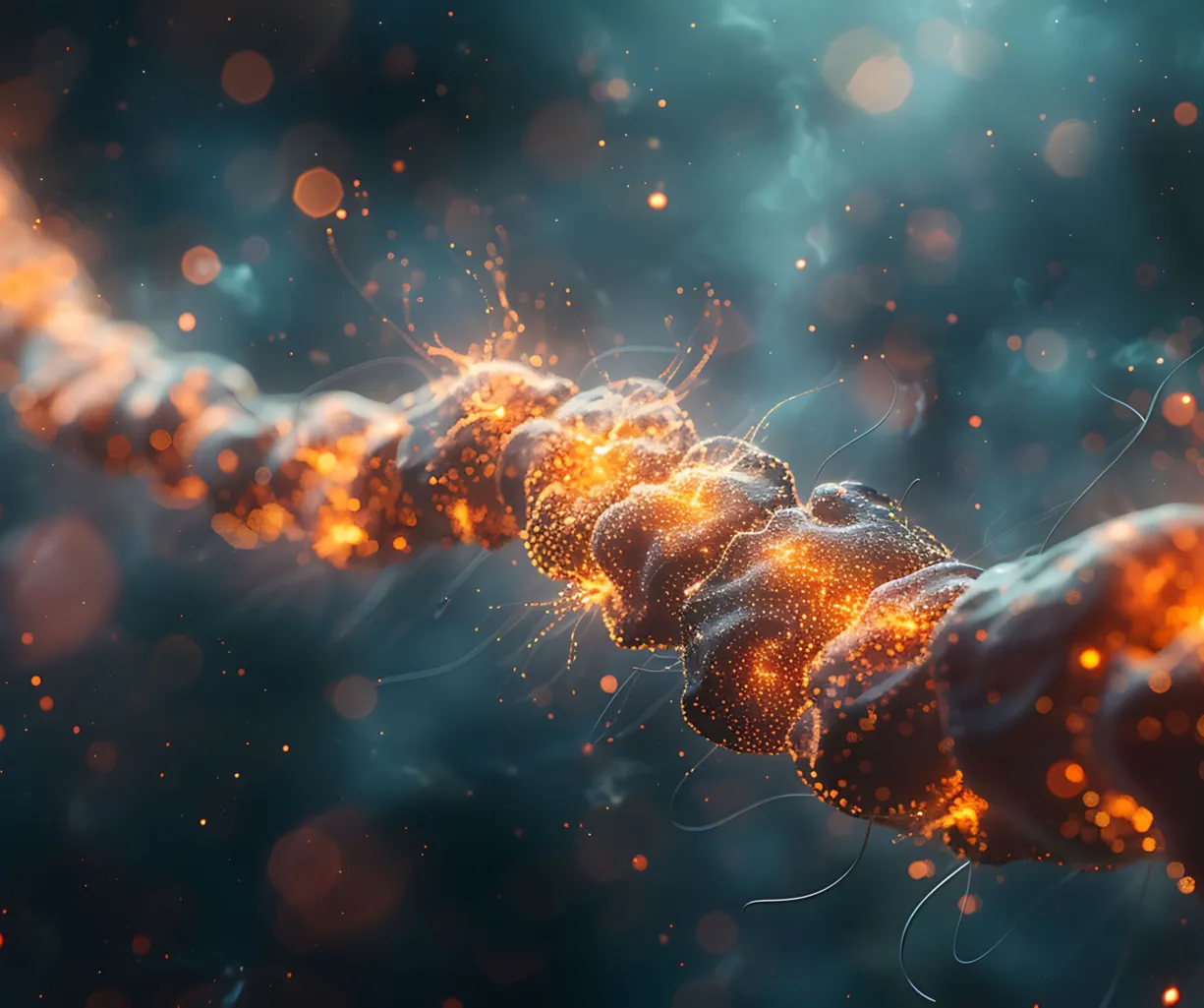 Leuchtende, orangefarbene Partikel und Strukturen, die eine spiralförmige Kette bilden, umgeben von einem nebligen, blauen Hintergrund mit sanften Lichtreflexionen.