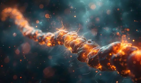 Leuchtende, orangefarbene Partikel und Strukturen, die eine spiralförmige Kette bilden, umgeben von einem nebligen, blauen Hintergrund mit sanften Lichtreflexionen.